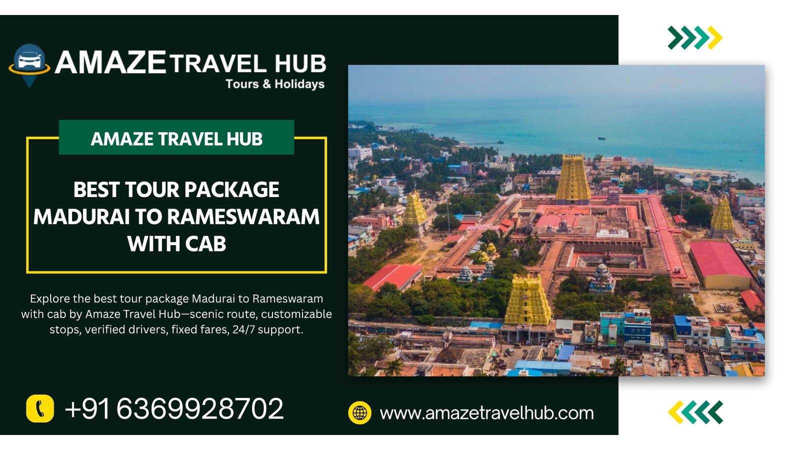 Amaze Travel Hub’s best tour package from Madurai to Rameswaram featuring Ramanathaswamy Temple with cab service and contact details